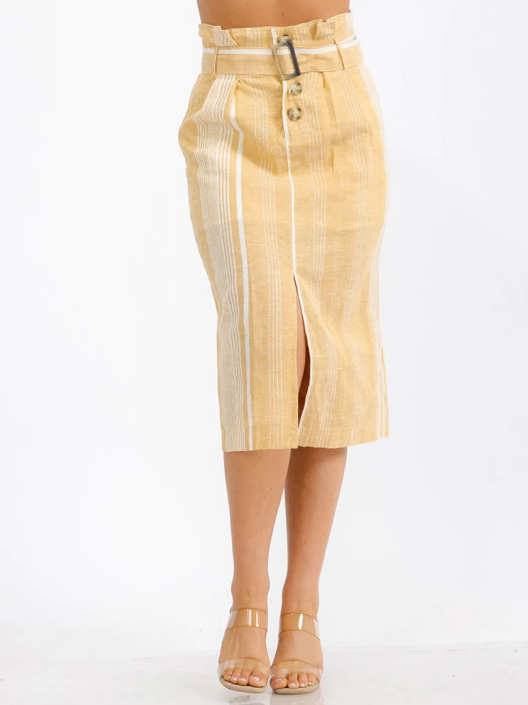 WOMEN'S BUTTON CLOSURE FRONT BELT TWO TONE SLIT MIDI SKIRT