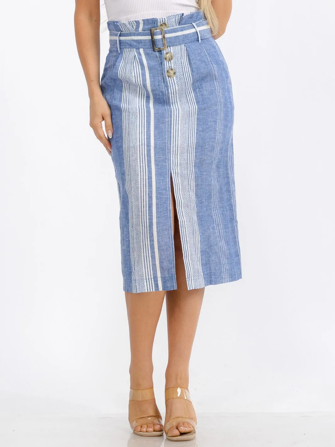 WOMEN'S BUTTON CLOSURE FRONT BELT TWO TONE SLIT MIDI SKIRT