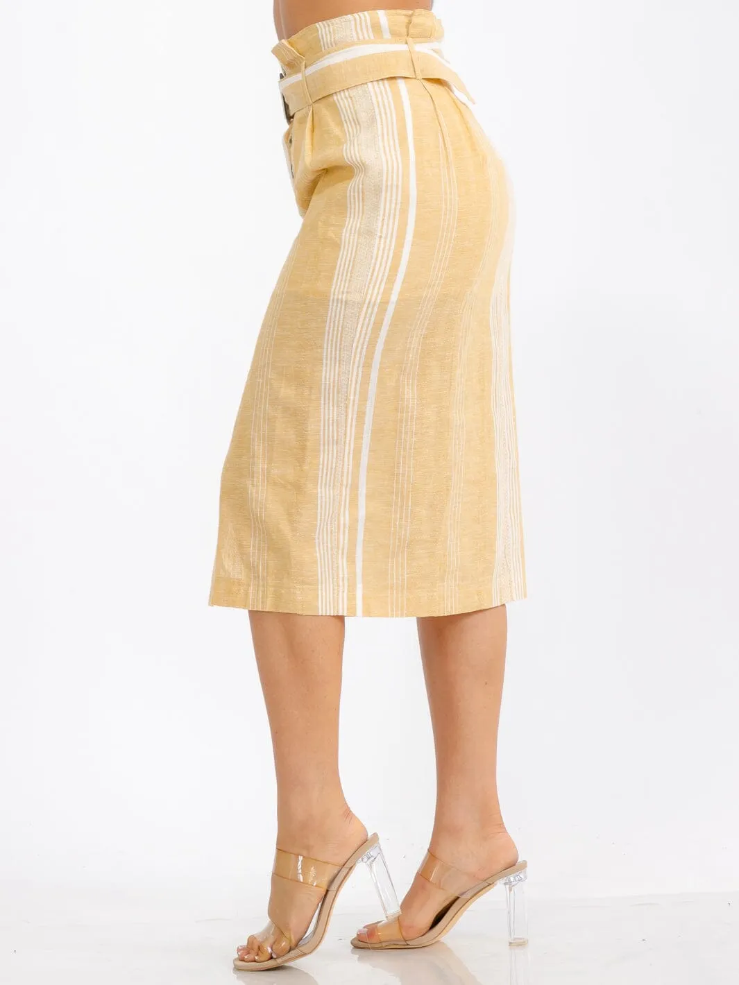 WOMEN'S BUTTON CLOSURE FRONT BELT TWO TONE SLIT MIDI SKIRT
