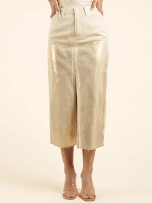 WOMEN'S BUTTON CLOSURE FRONT POCKETS SHIMMER DENIM MIDI SKIRT
