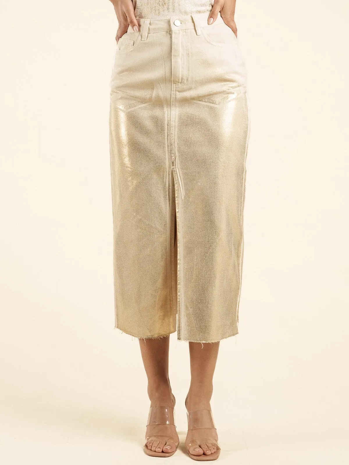 WOMEN'S BUTTON CLOSURE FRONT POCKETS SHIMMER DENIM MIDI SKIRT