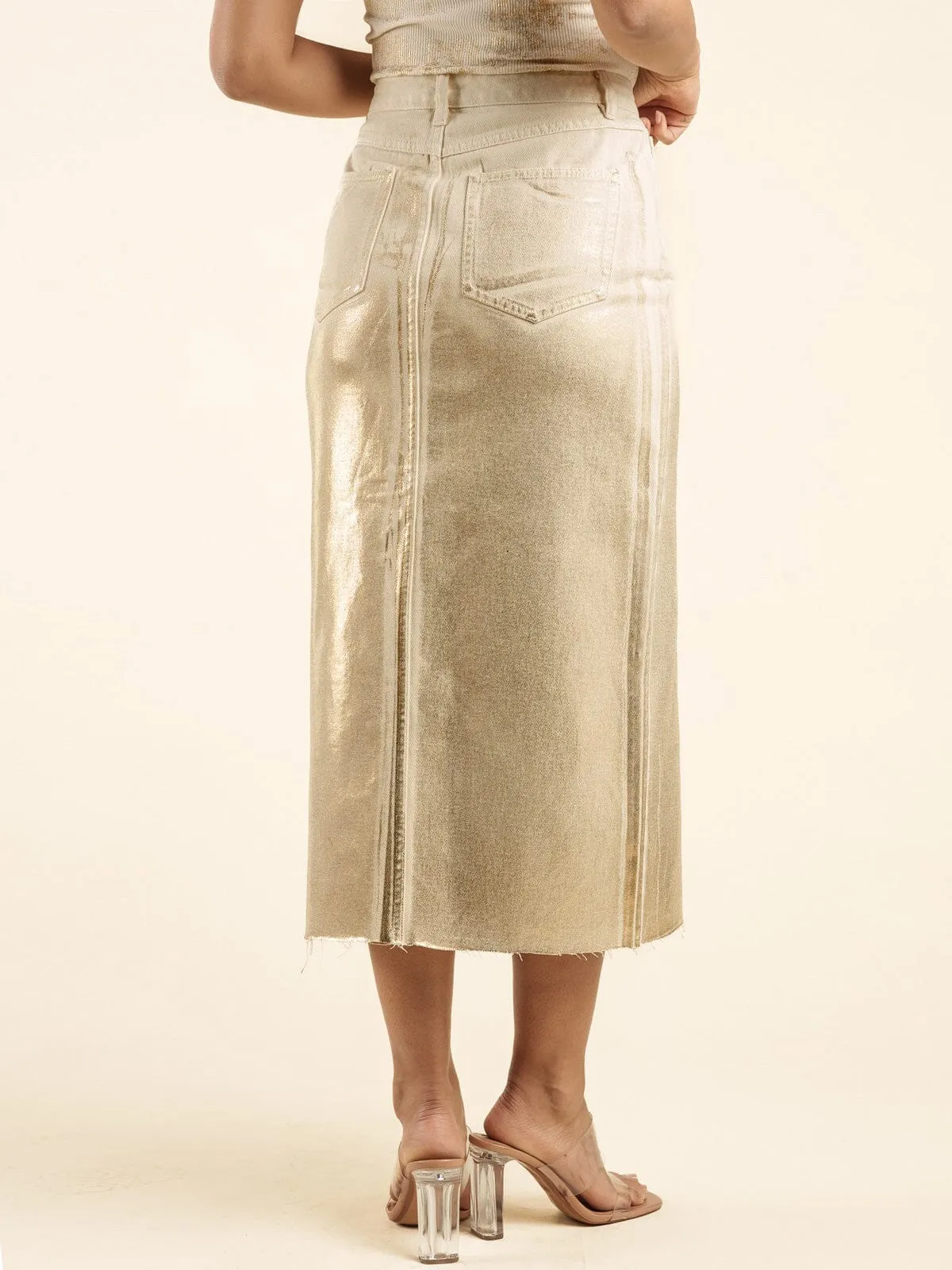 WOMEN'S BUTTON CLOSURE FRONT POCKETS SHIMMER DENIM MIDI SKIRT