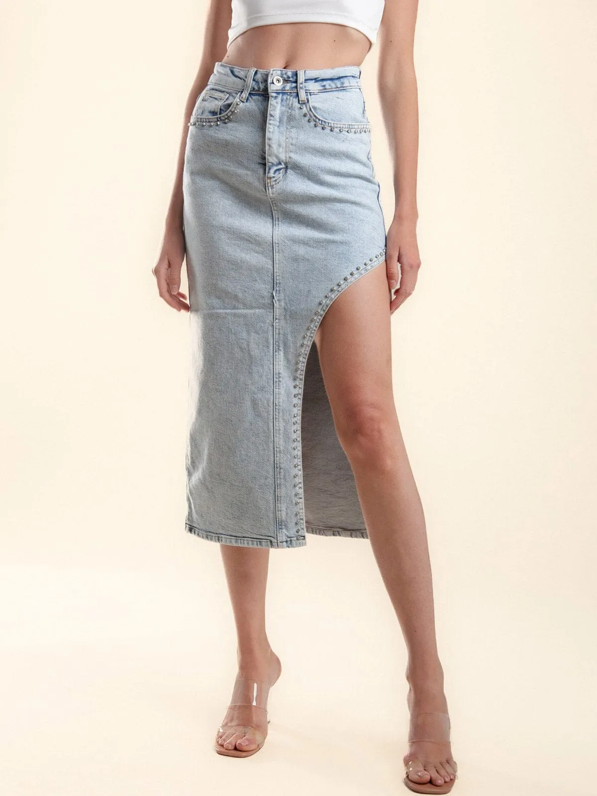 WOMEN'S BUTTON CLOSURE STUDS DETAILED DENIM MIDI SKIRT