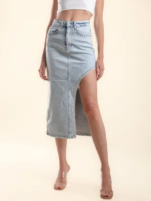 WOMEN'S BUTTON CLOSURE STUDS DETAILED DENIM MIDI SKIRT
