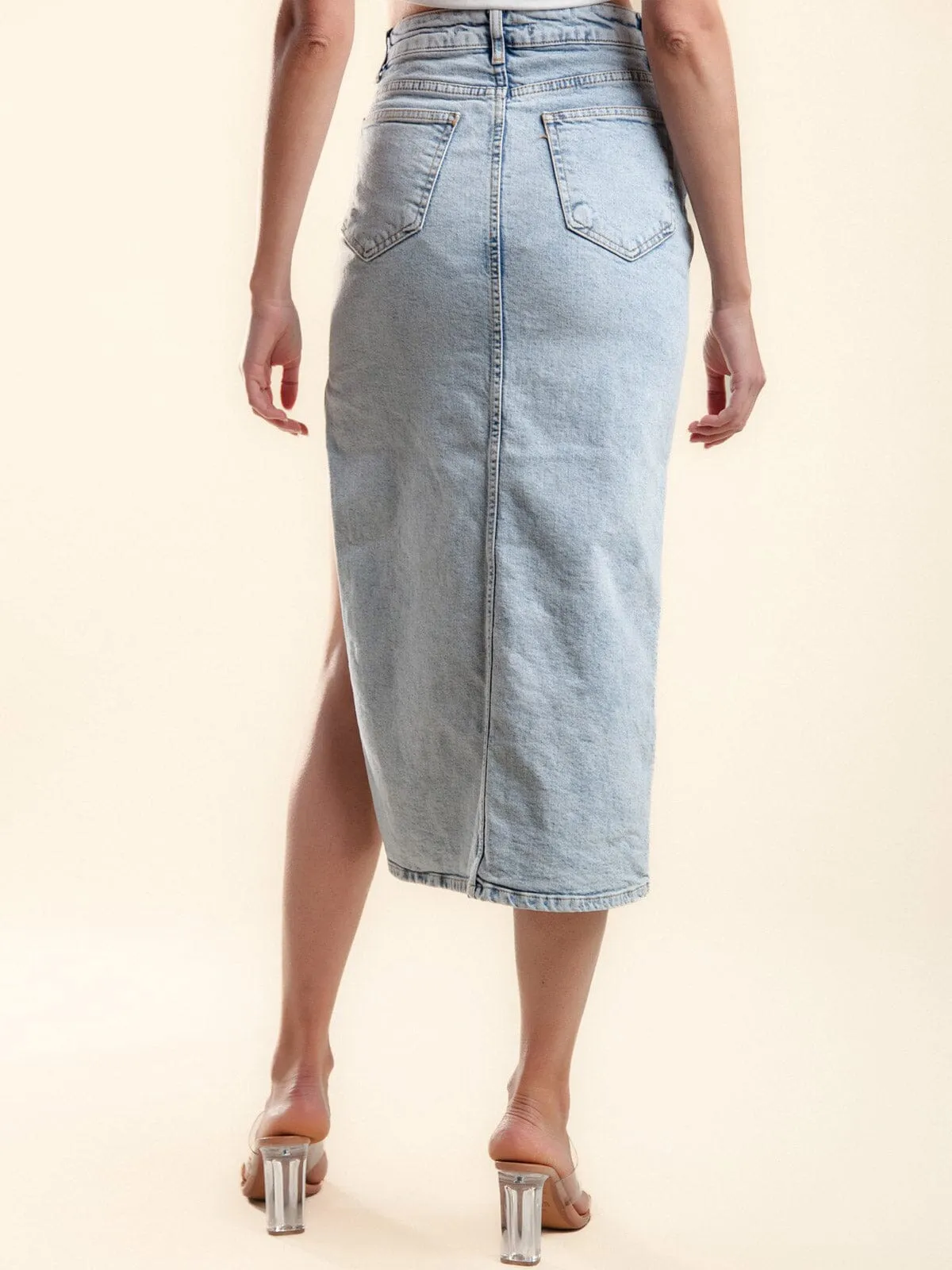 WOMEN'S BUTTON CLOSURE STUDS DETAILED DENIM MIDI SKIRT