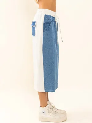 WOMEN'S ELASTIC WAIST POCKETS COLORBLOCK DENIM MIDI SKIRT