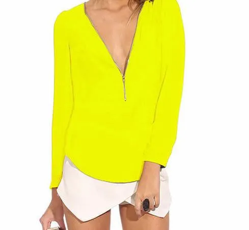 Women's Fashion Casual V Neck Long Sleeve Zipper Tops Chiffon Blouses