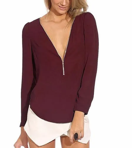 Women's Fashion Casual V Neck Long Sleeve Zipper Tops Chiffon Blouses