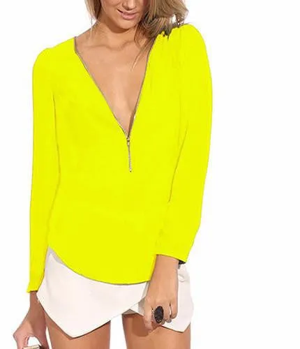 Women's Fashion Casual V Neck Long Sleeve Zipper Tops Chiffon Blouses