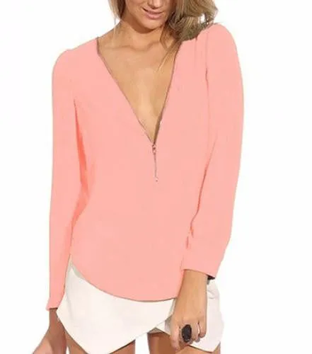 Women's Fashion Casual V Neck Long Sleeve Zipper Tops Chiffon Blouses