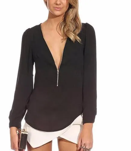 Women's Fashion Casual V Neck Long Sleeve Zipper Tops Chiffon Blouses