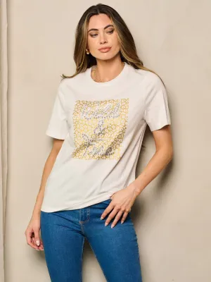 WOMEN'S SHORT SLEEVE ANIMAL PRINT & STUDS DETAILED TOP