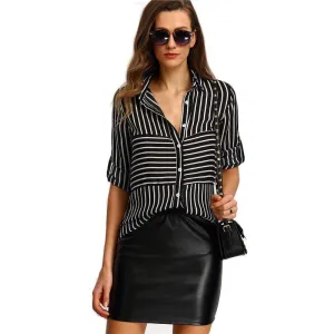 Womens Striped Fashion Shirt Blouses Black Lapel Long Sleeve Striped Buttons Casual Chiffon Office Blouse