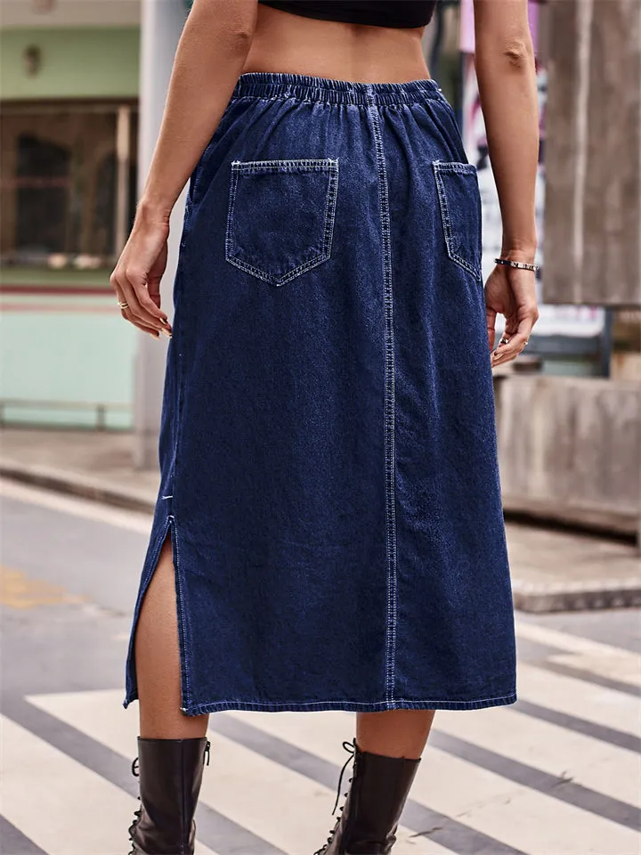Women's Trendy Drawstring Side Slit Blue Denim Midi Skirts