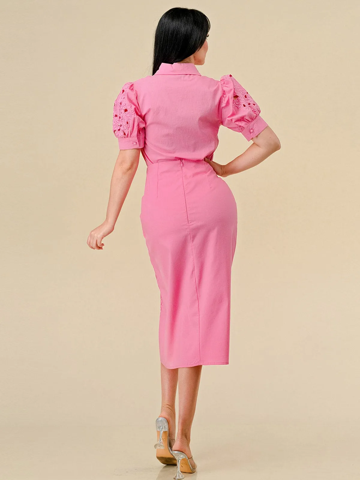 WOMEN'S ZIP UP SURPLICE EMBROIDERY DETAILED MIDI SKIRT