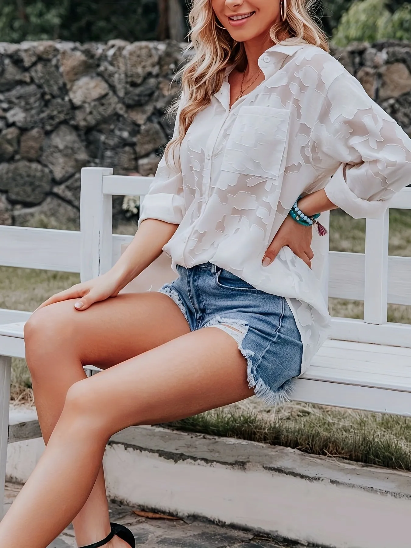 xieyinshe  Chiffon Jacquard V-neck Lapel Blouses, Casual Loose Button Down Long Sleeve Fashion Shirts Tops, Women's Clothing