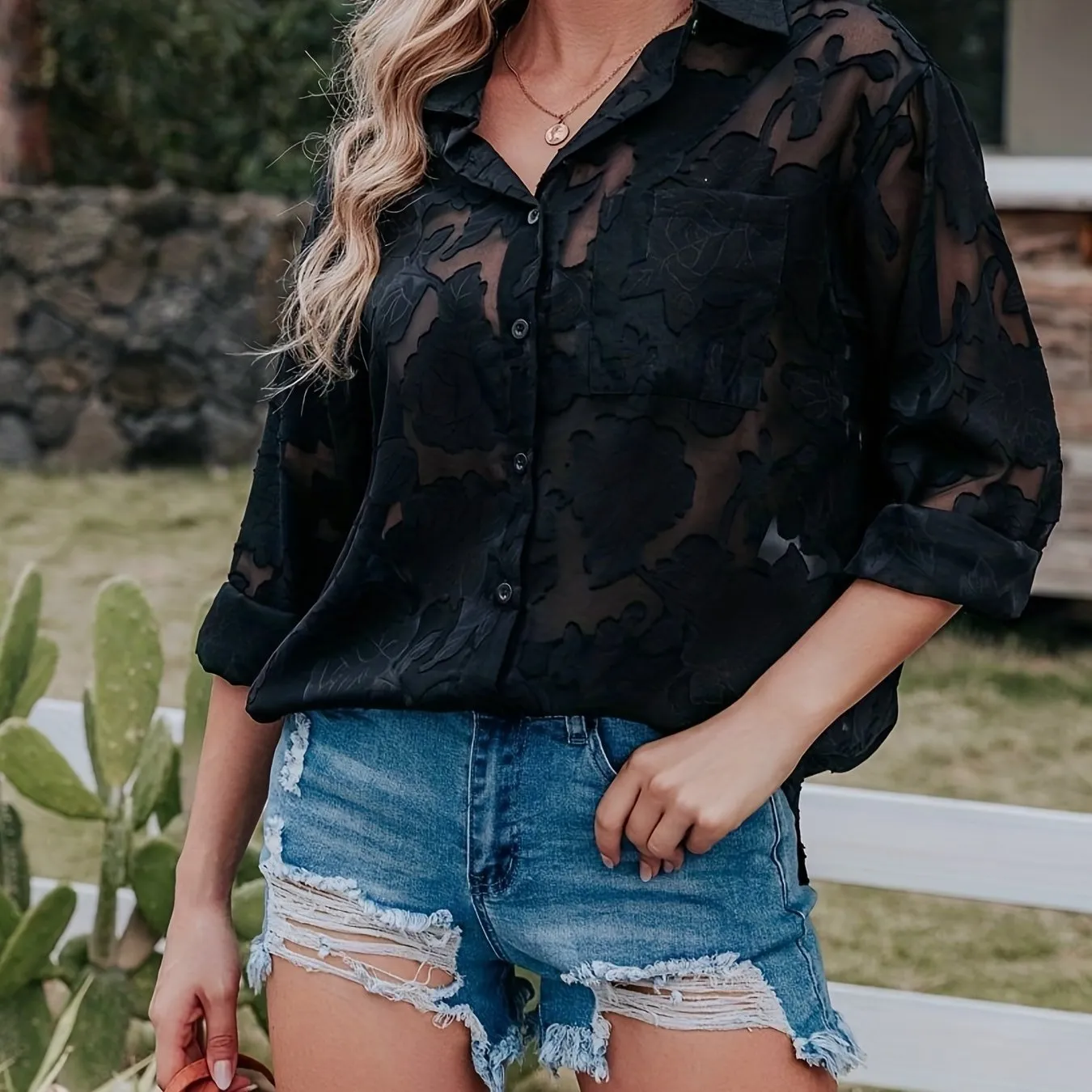 xieyinshe  Chiffon Jacquard V-neck Lapel Blouses, Casual Loose Button Down Long Sleeve Fashion Shirts Tops, Women's Clothing
