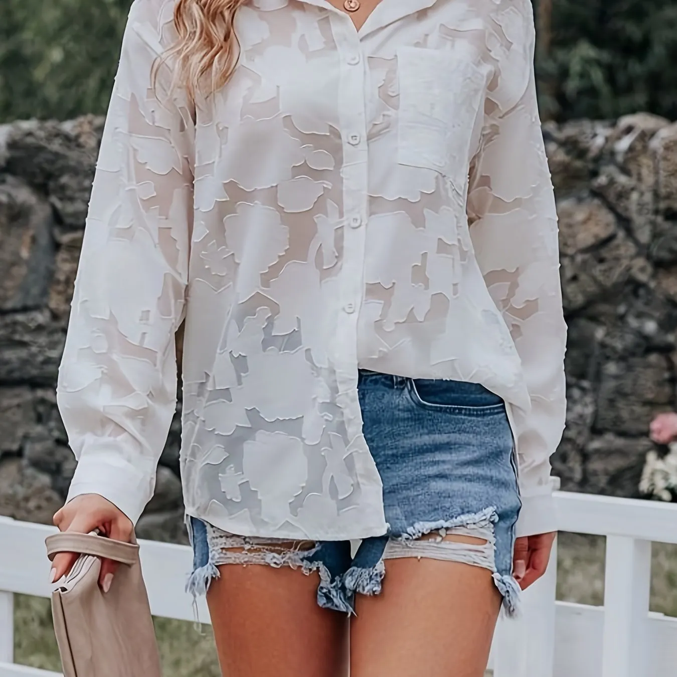 xieyinshe  Chiffon Jacquard V-neck Lapel Blouses, Casual Loose Button Down Long Sleeve Fashion Shirts Tops, Women's Clothing