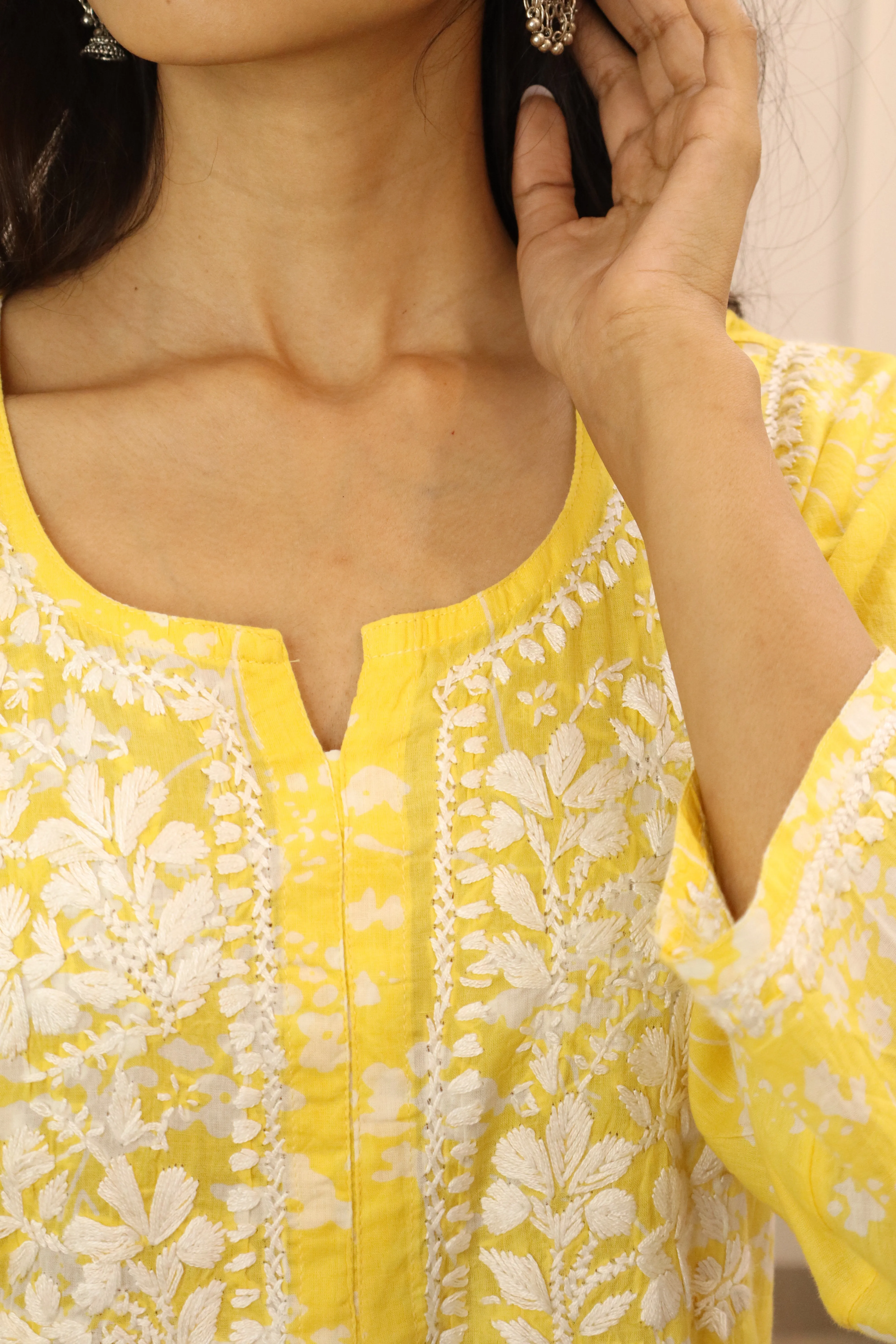 Yellow  floral mul cotton chikankari kurti (only kurti)