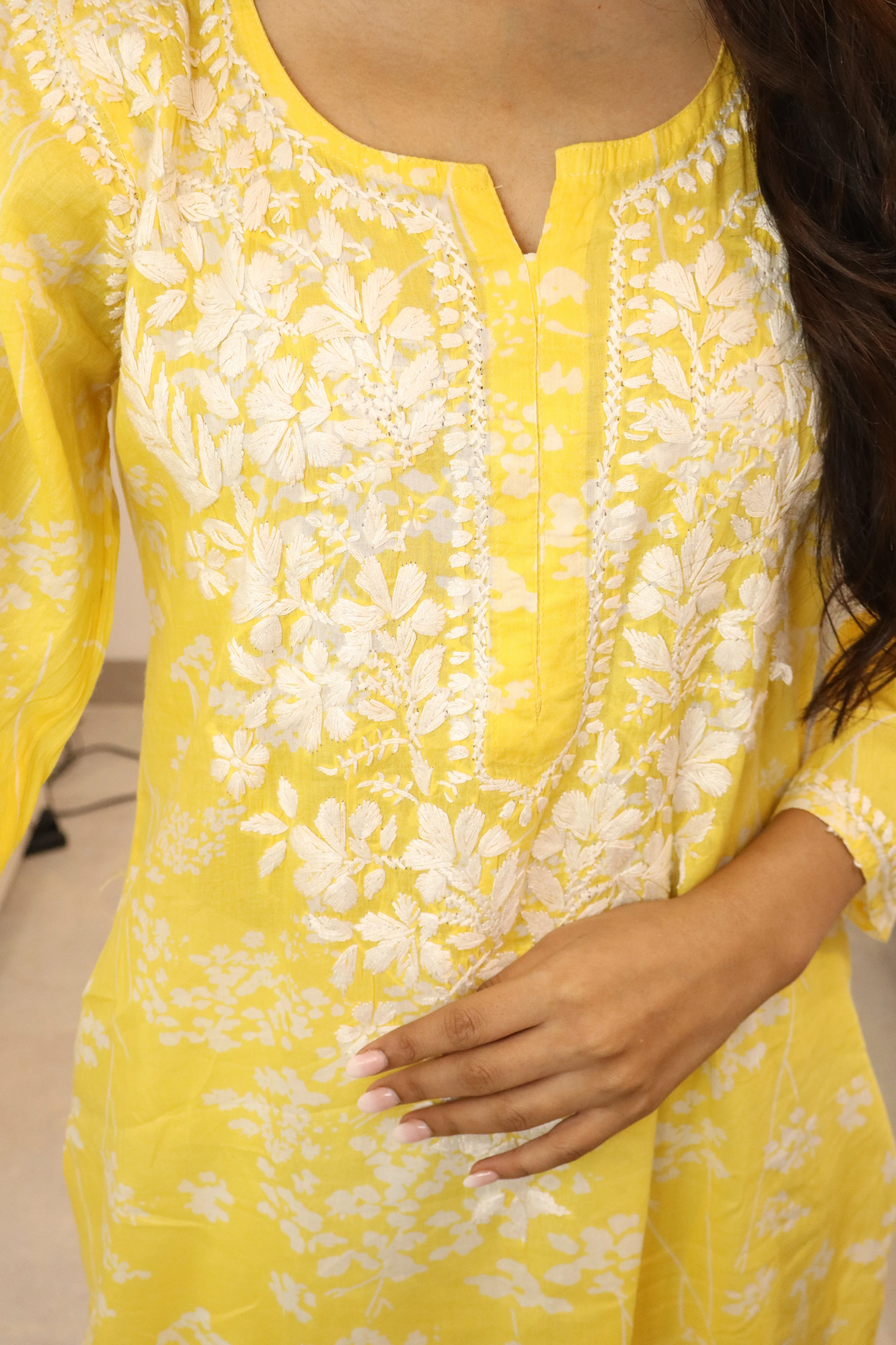 Yellow  floral mul cotton chikankari kurti (only kurti)