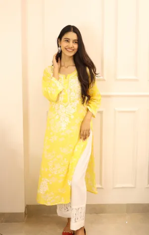 Yellow  floral mul cotton chikankari kurti (only kurti)
