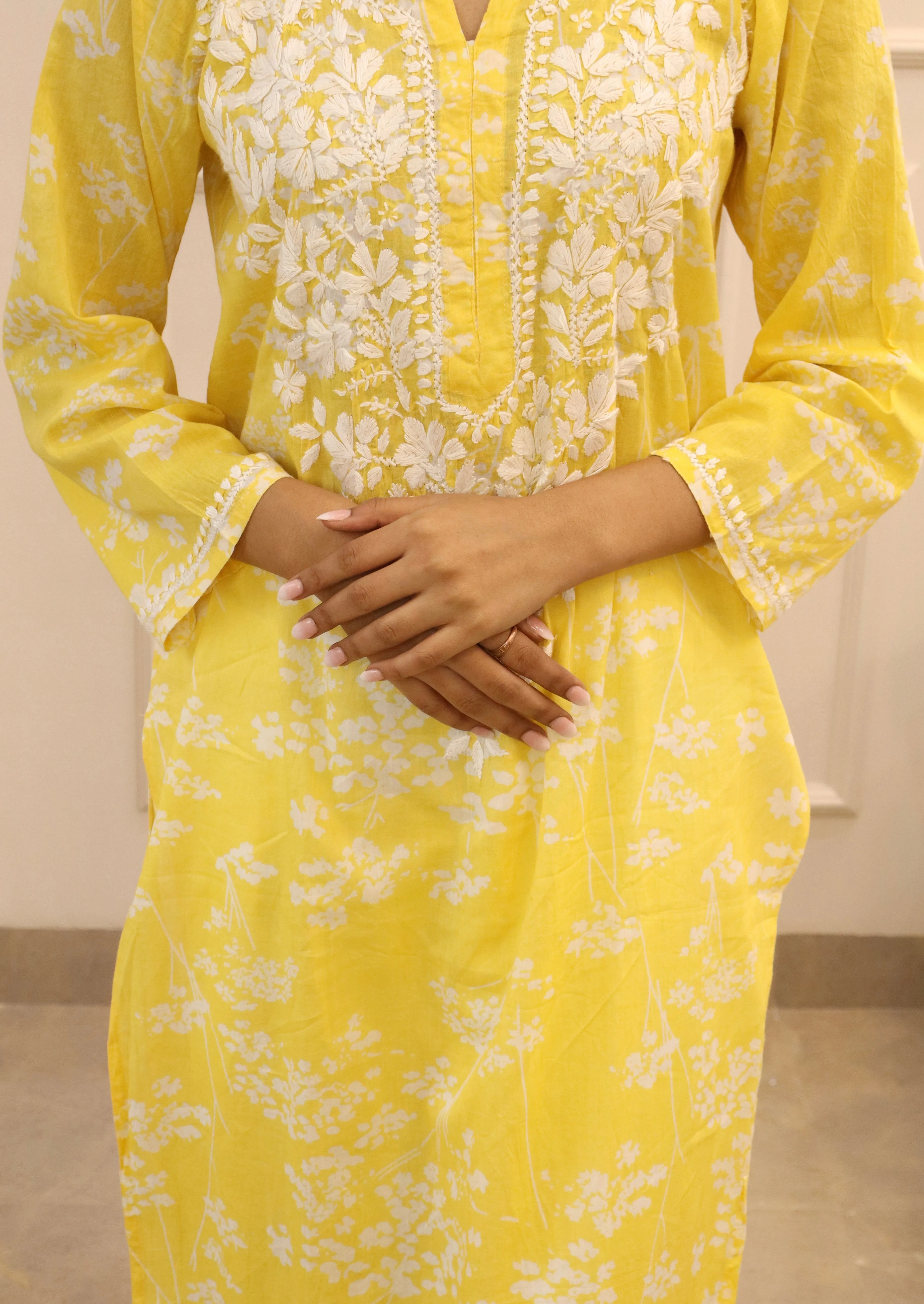 Yellow  floral mul cotton chikankari kurti (only kurti)