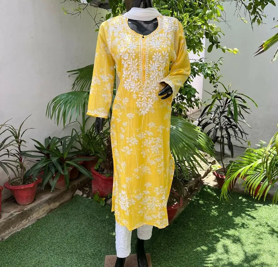 Yellow  floral mul cotton chikankari kurti (only kurti)