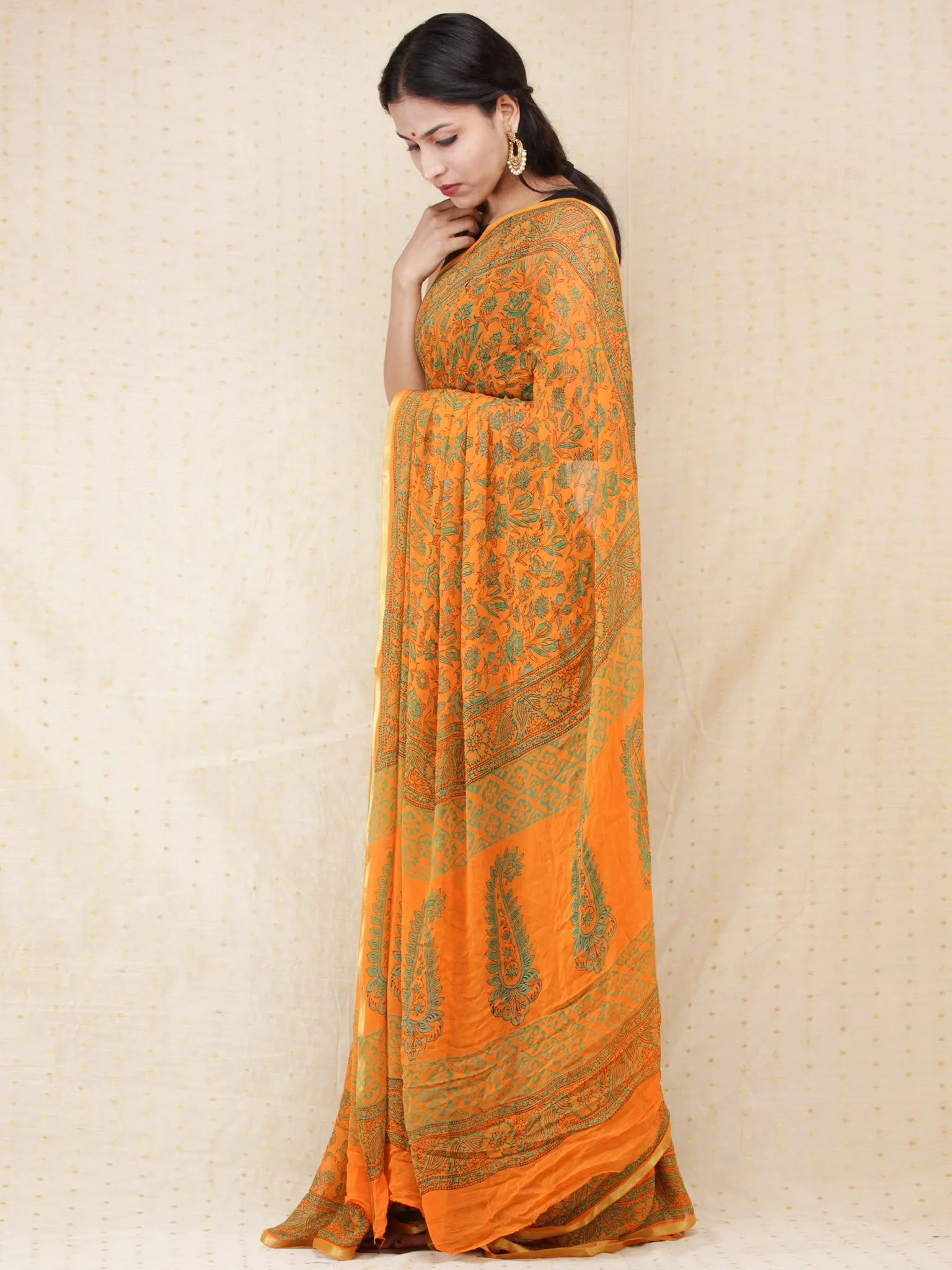Yellow Green Hand Block Printed Chiffon Saree with Zari Border - s031704169
