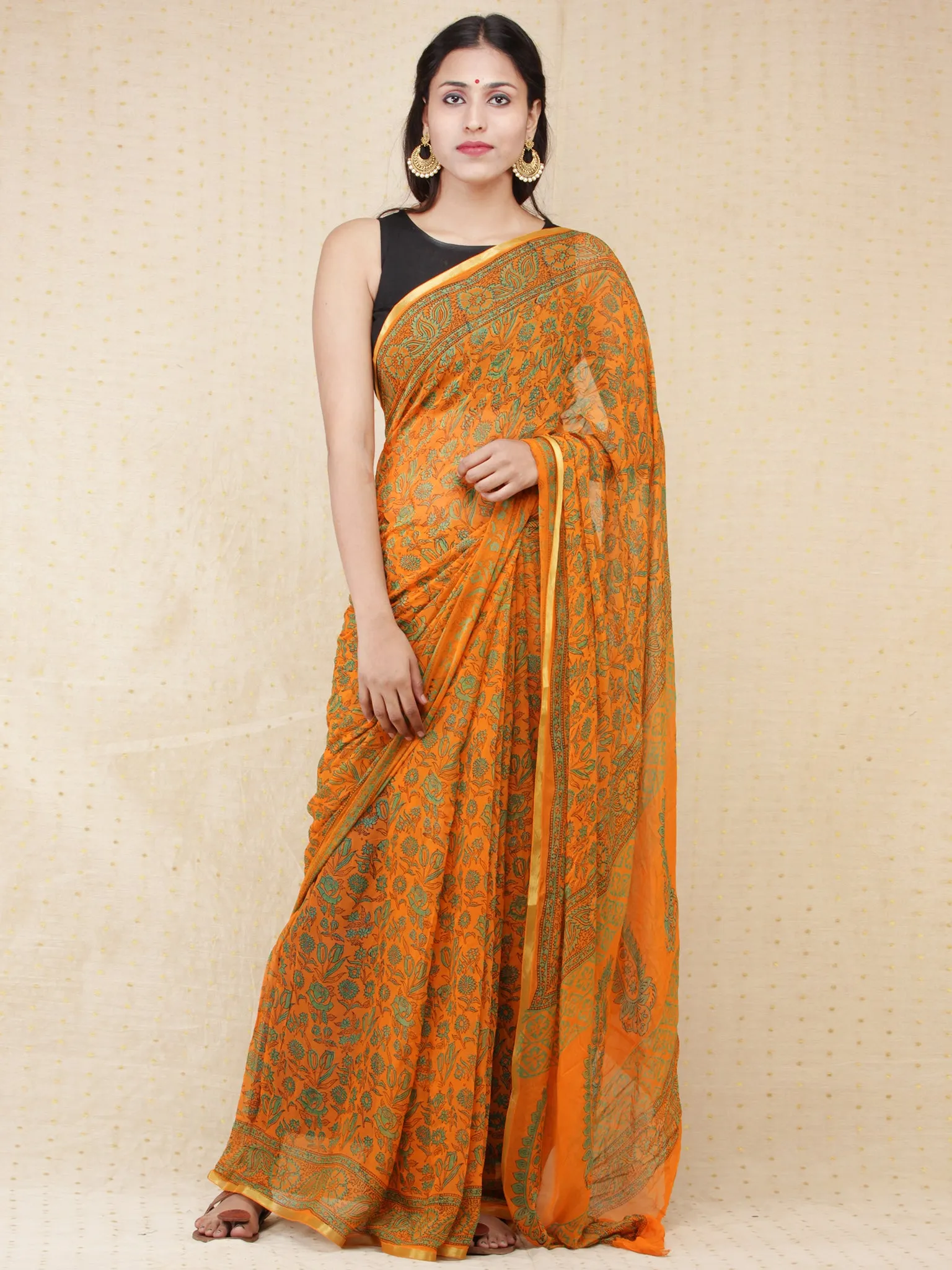 Yellow Green Hand Block Printed Chiffon Saree with Zari Border - s031704169