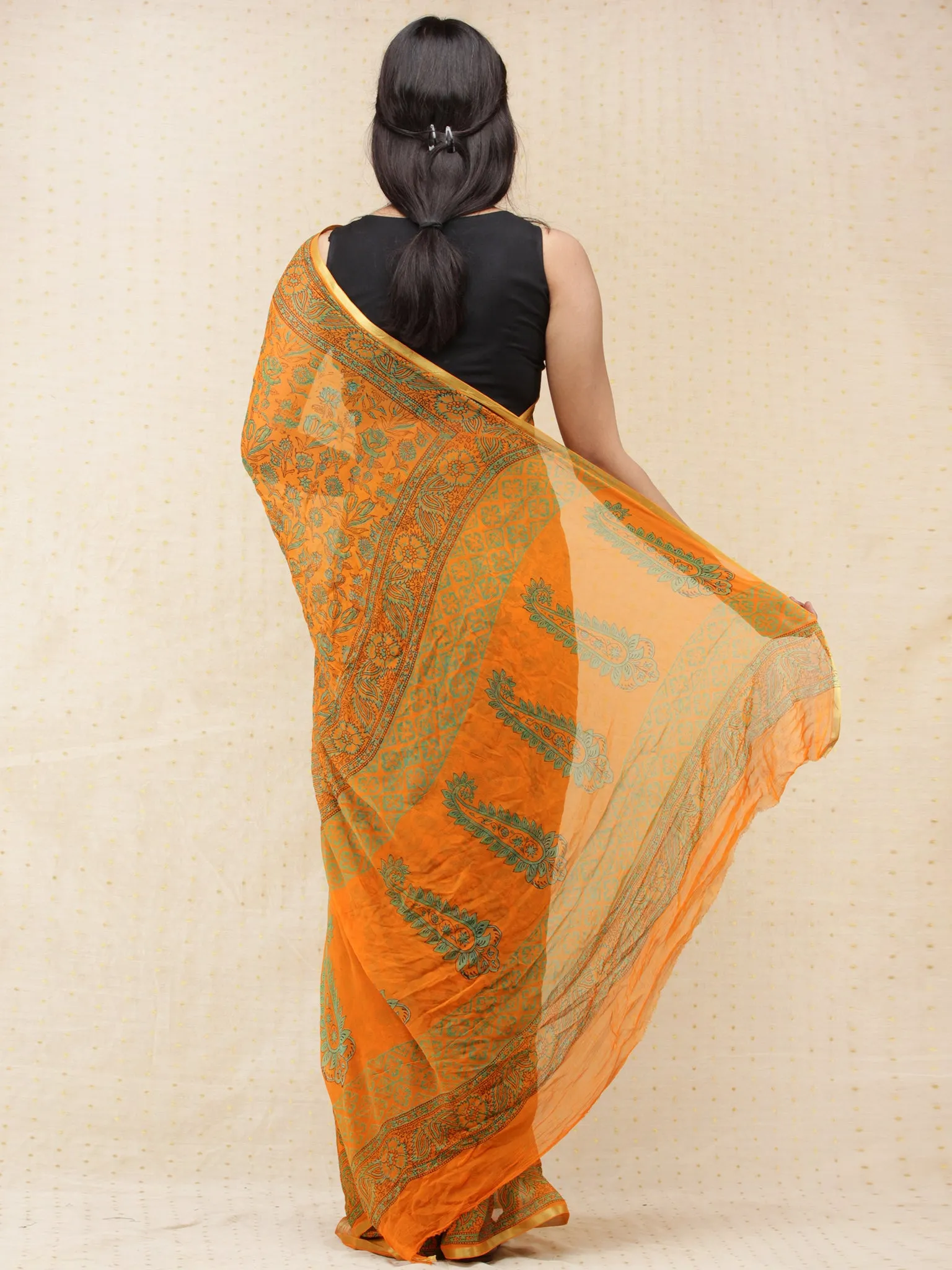 Yellow Green Hand Block Printed Chiffon Saree with Zari Border - s031704169