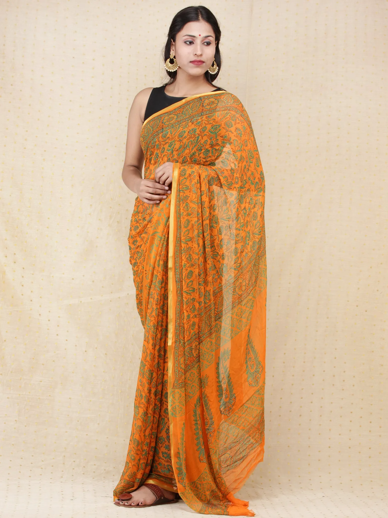 Yellow Green Hand Block Printed Chiffon Saree with Zari Border - s031704169