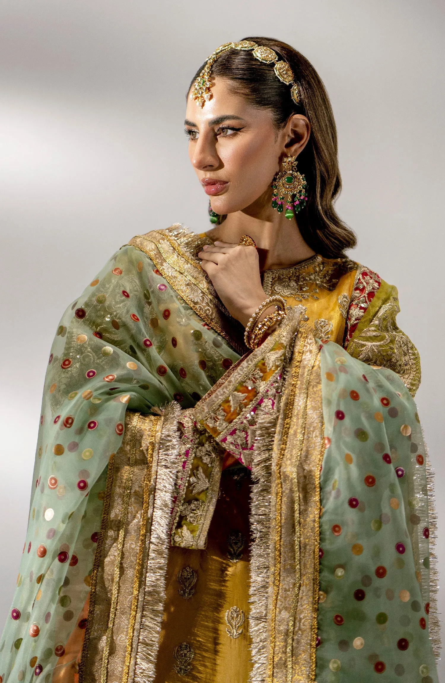 Yellow Pakistani Wedding Dress in Embroidered Kameez Sharara Style