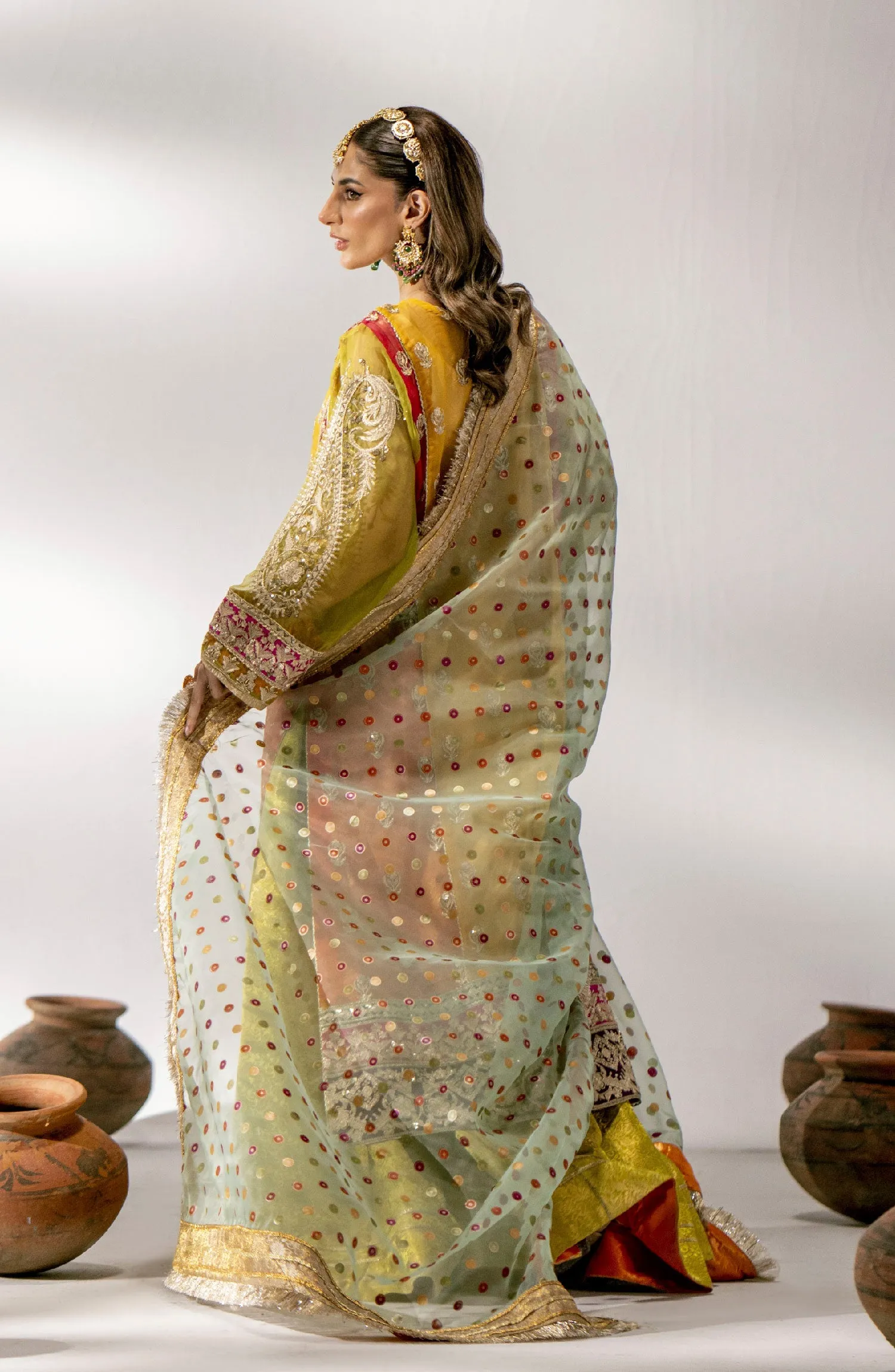 Yellow Pakistani Wedding Dress in Embroidered Kameez Sharara Style
