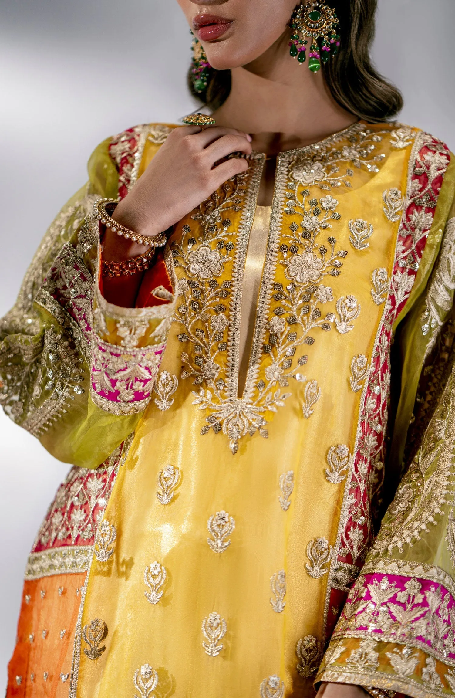 Yellow Pakistani Wedding Dress in Embroidered Kameez Sharara Style