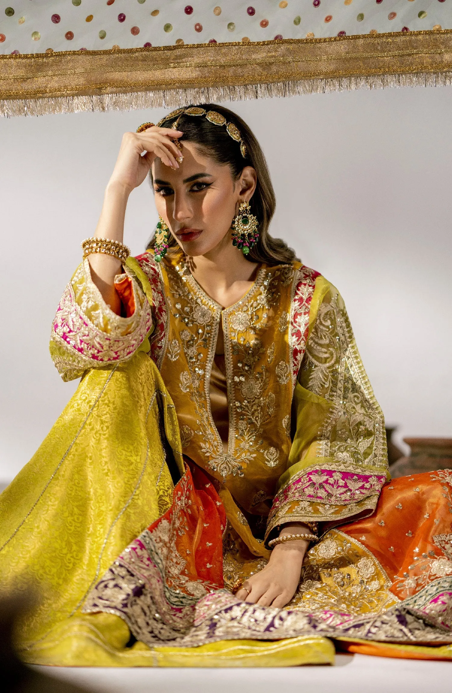 Yellow Pakistani Wedding Dress in Embroidered Kameez Sharara Style