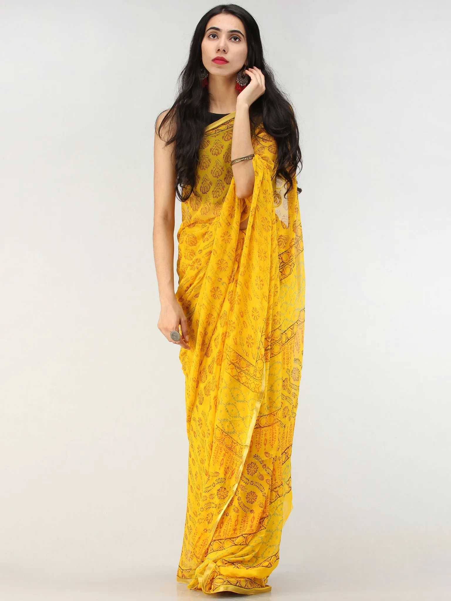 Yellow Red Green Hand Block Printed Chiffon Saree with Zari Border - S031704621