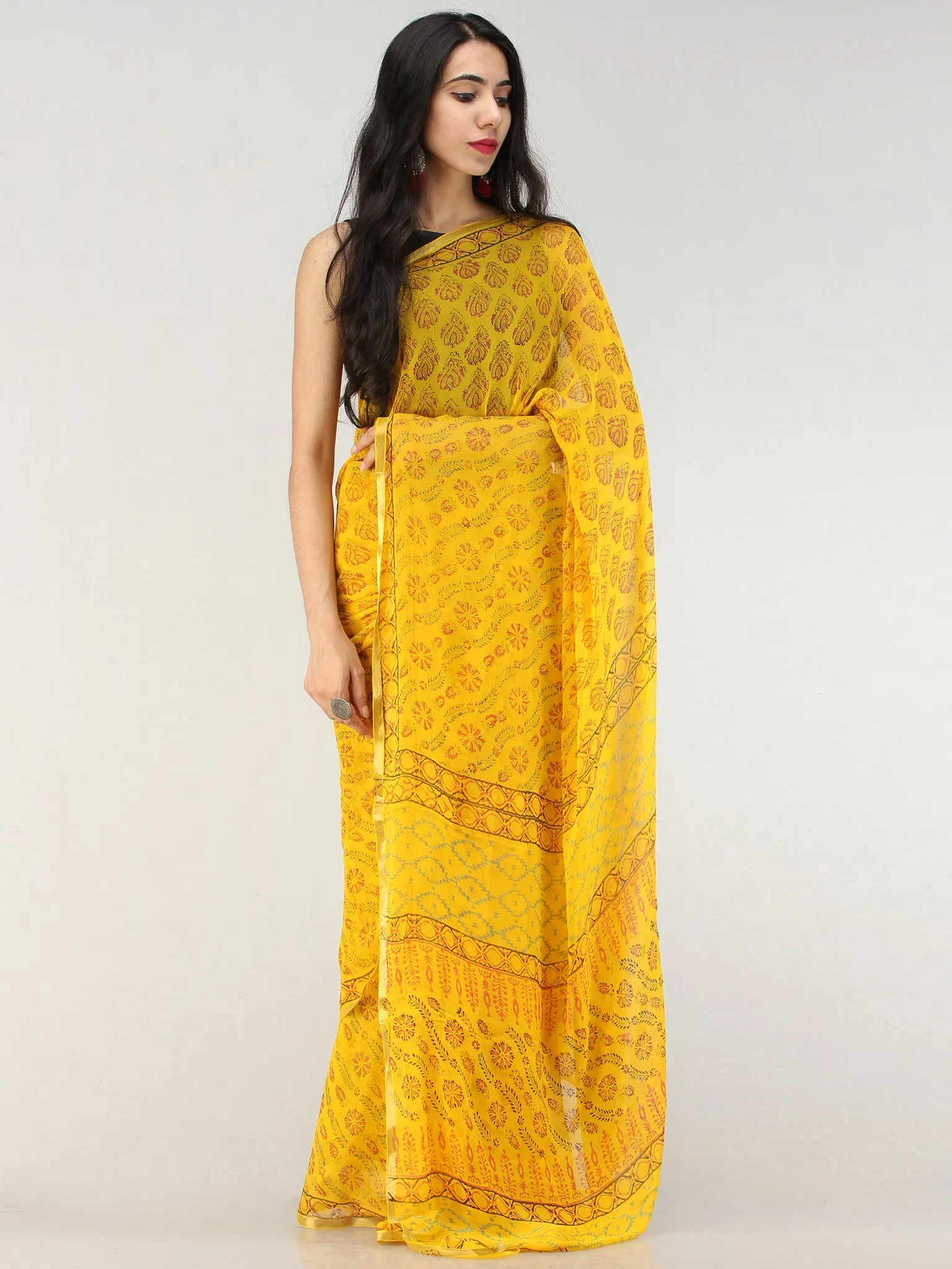 Yellow Red Green Hand Block Printed Chiffon Saree with Zari Border - S031704621