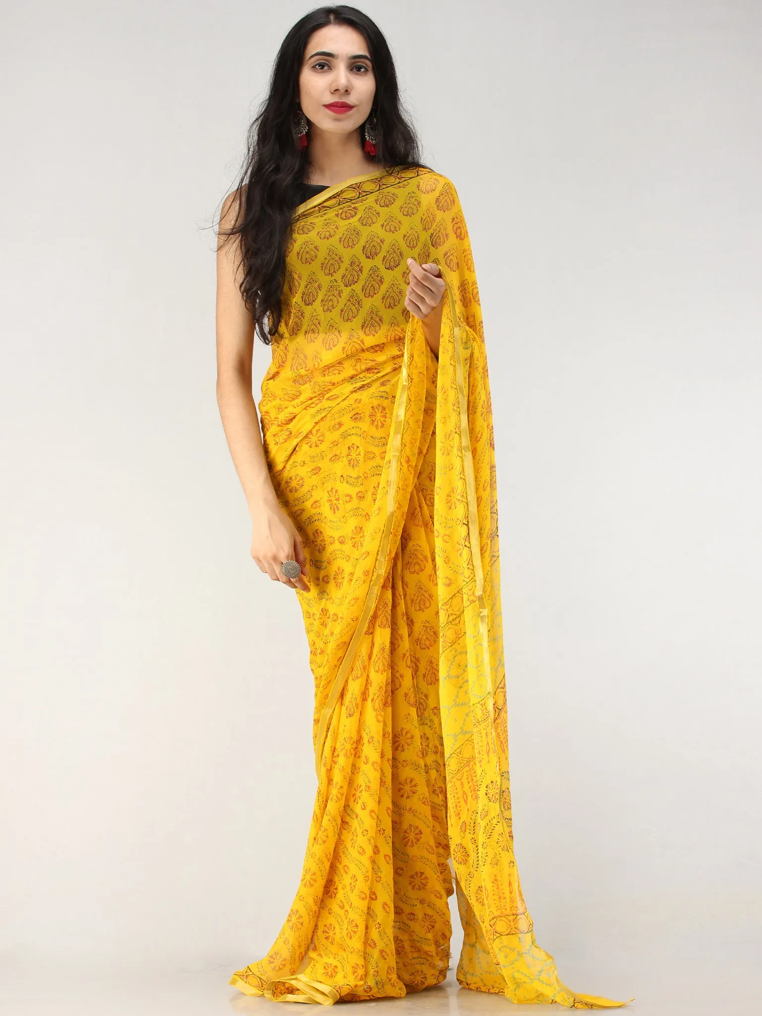 Yellow Red Green Hand Block Printed Chiffon Saree with Zari Border - S031704621