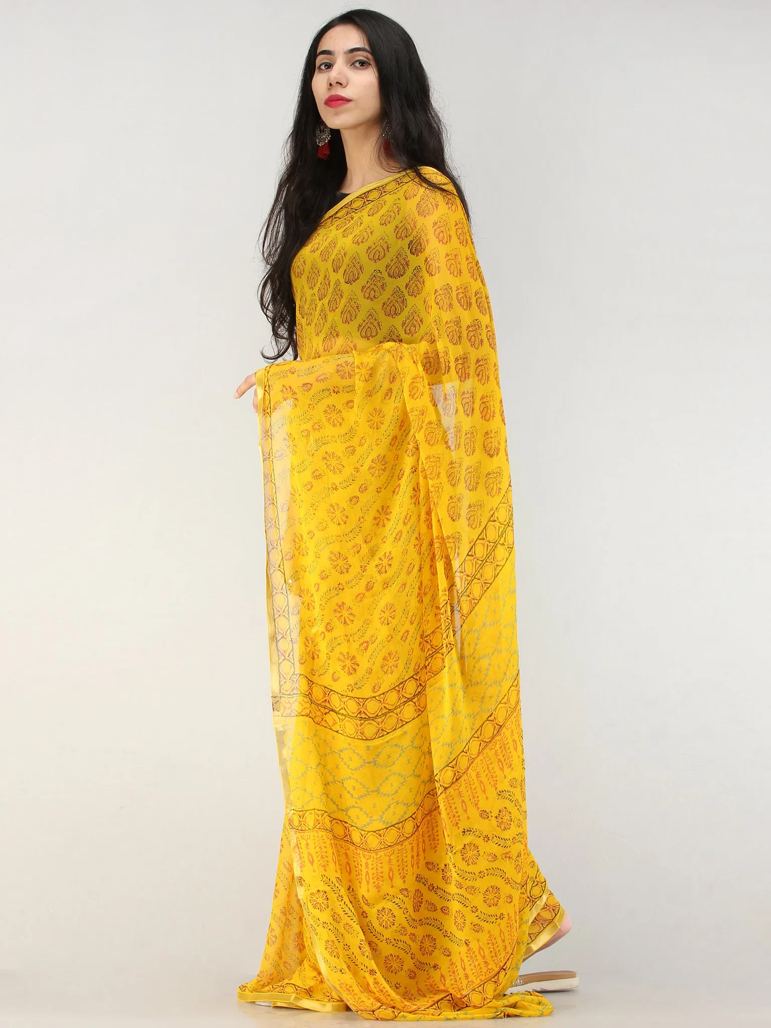 Yellow Red Green Hand Block Printed Chiffon Saree with Zari Border - S031704621