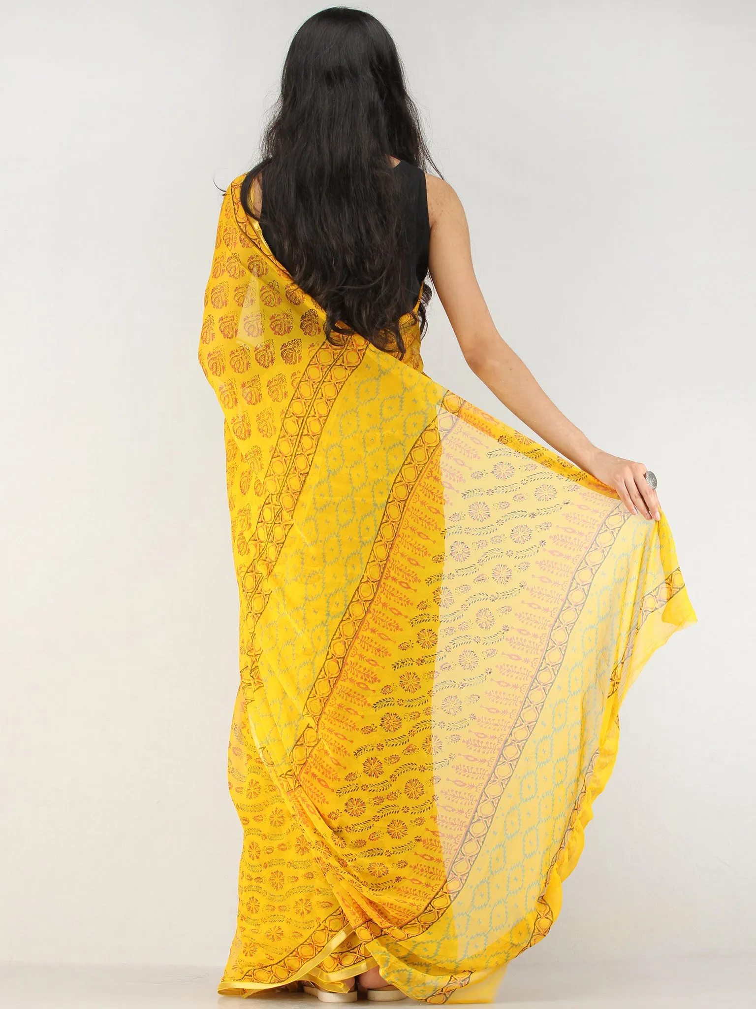 Yellow Red Green Hand Block Printed Chiffon Saree with Zari Border - S031704621