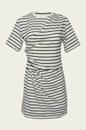 Zeus Short Sleeve Draped T-Shirt Dress in Midnight Stripe