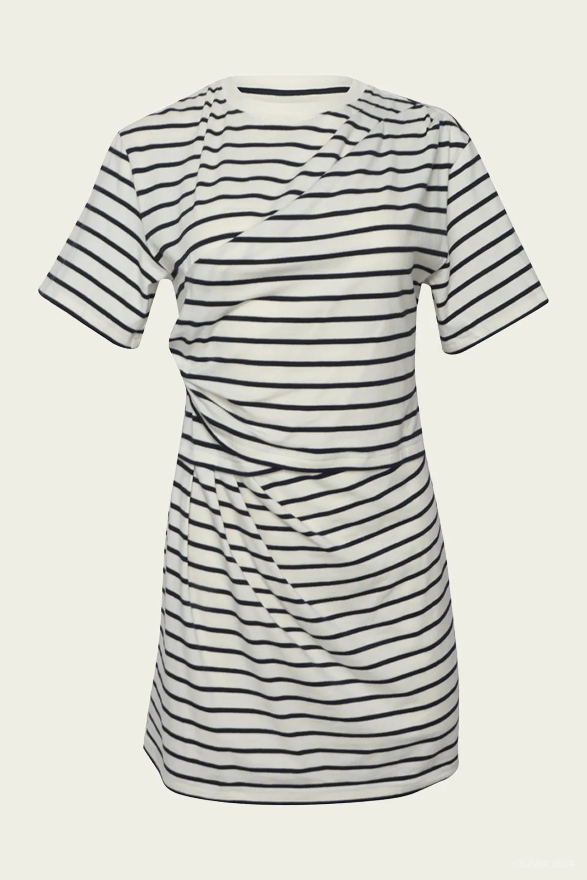 Zeus Short Sleeve Draped T-Shirt Dress in Midnight Stripe