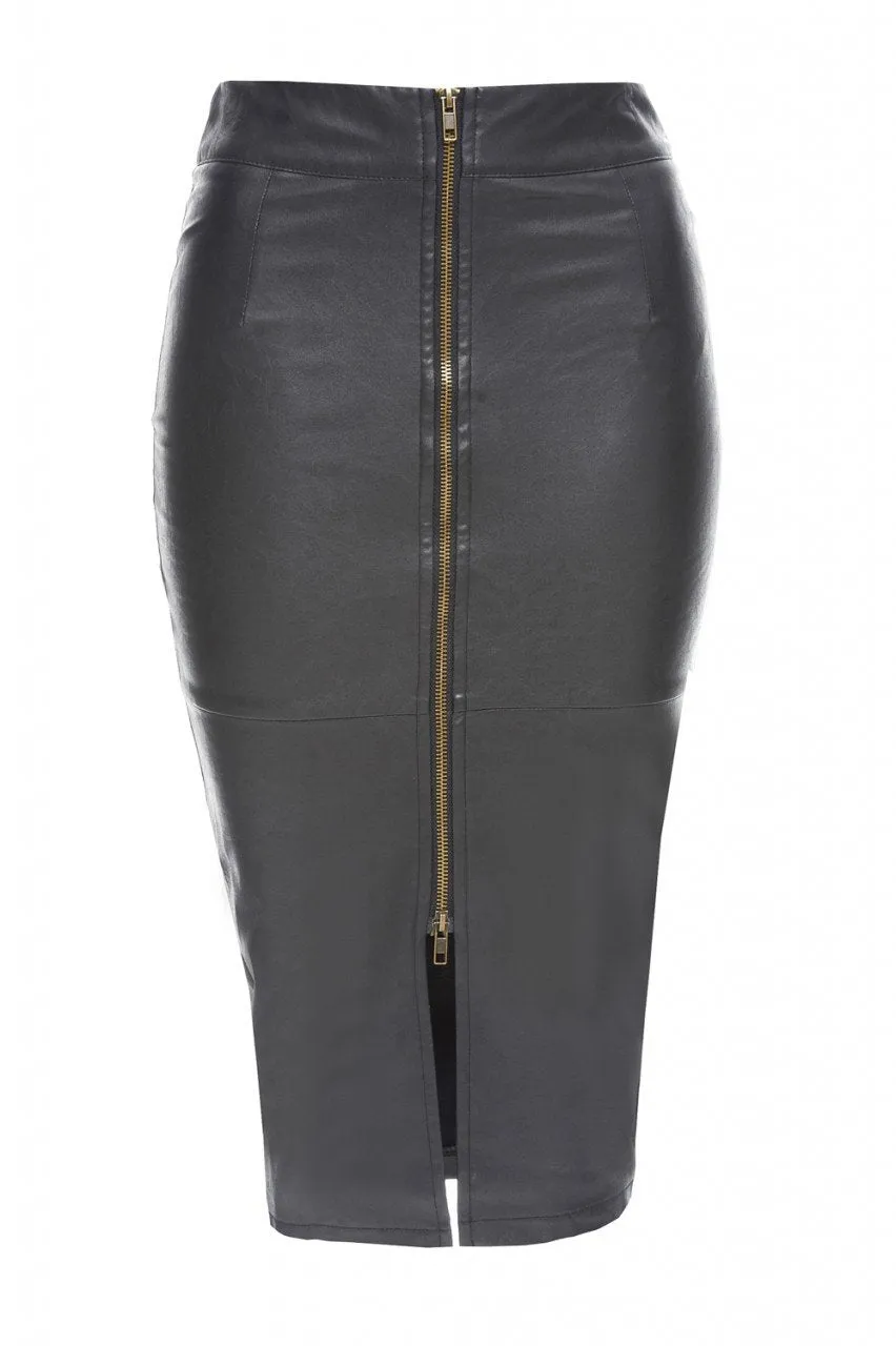 Zip Detail PU Midi Skirt